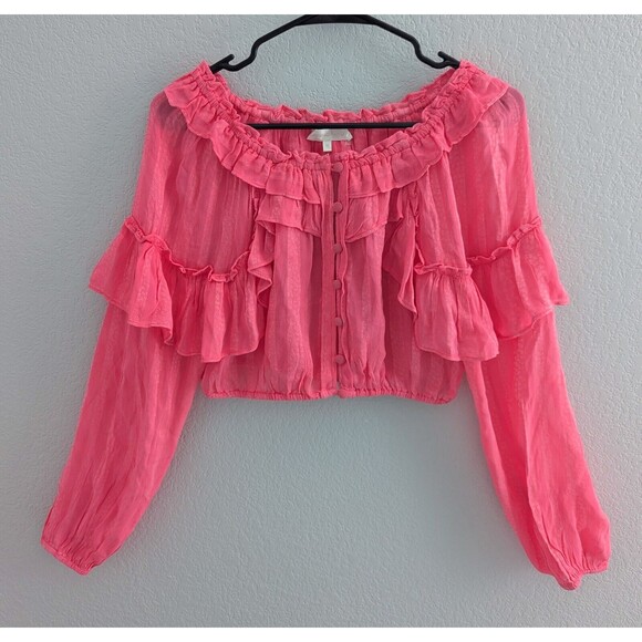 LoveShackFancy Ruffle Popover Top Women's Size XS Watermelon Ice Pink Cropped - Picture 3 of 8